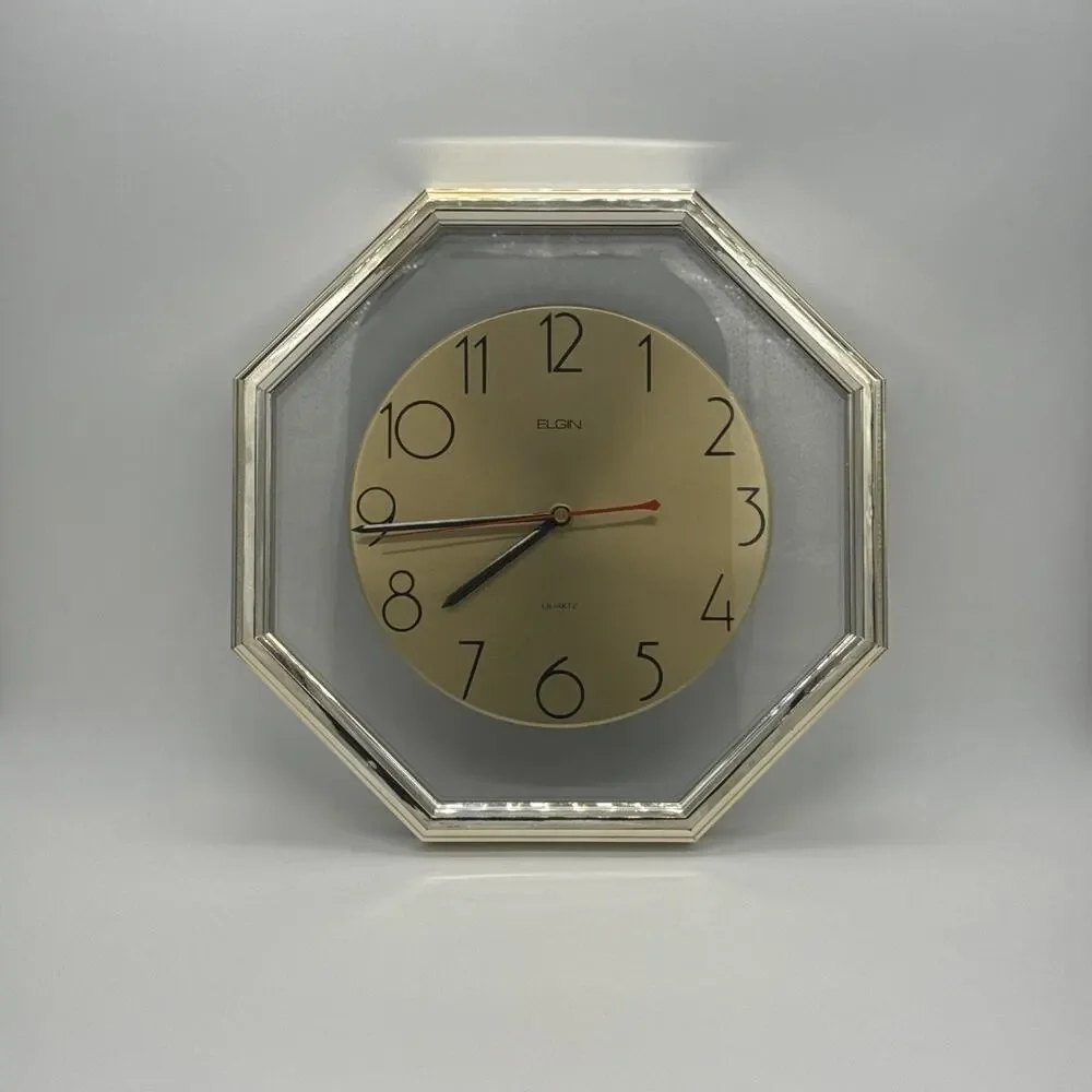 12 Inch Vintage Gold Tone Acrylic MCM 80's Retro Elgin Quartz Wall Clock, Works!